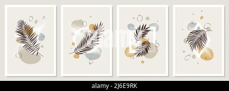 Set of pastel compositions of tropical leaves, liquid abstract shapes and geometric figures, trendy contemporary collage style, exotic  jungle poster Stock Vector