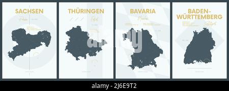 Vector posters with highly detailed silhouettes maps states of Germany - Sachsen, Thüringen, Bavaria, Baden-Württemberg - set 4 of 4 Stock Vector