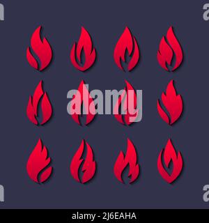 Fire flames, set red icons, vector illustration Stock Vector