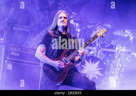 Oslo, Norway. 15th, April 2022. The Norwegian Viking metal band Einherjer performs a live concert at Rockefeller during the Norwegian metal festival Inferno Metal Festival 2022 in Oslo. Here guitarist Ole Sonstabo is seen live on stage. (Photo credit: Gonzales Photo - Terje Dokken). Stock Photo