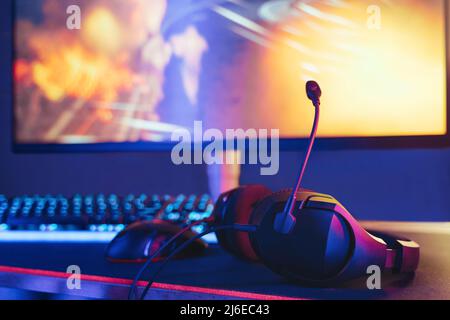 Professional setup for playing computer video games and live streaming Stock Photo