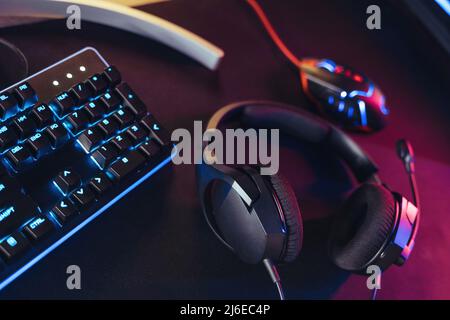 Professional gaming and streaming setup in neon color Stock Photo