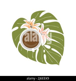 Coffee cup with lilies and monstera leaf Good Morning breakfast isolated white background. Vector illustration Stock Vector
