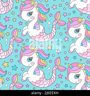 Seamless pattern. Unicorn seahorse on a blue background. Vector Stock Vector