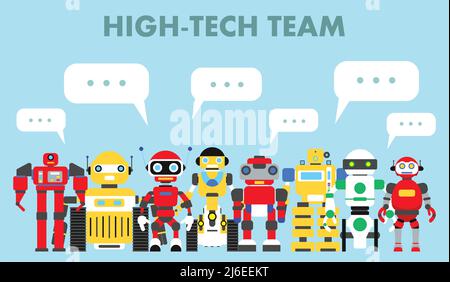 Group of abstract robots and speech bubble isolated on blue background. Set of diverse robots standing together. Stock Vector