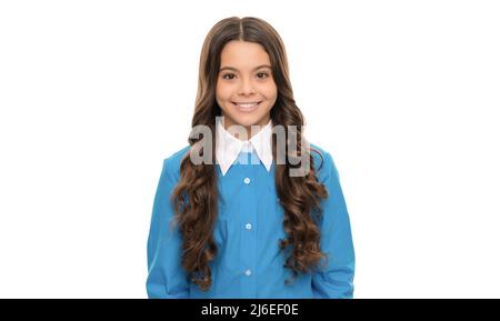 happy kid portrait has long curly hair isolated on white, haircare Stock Photo