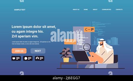 arab web developer creating program code on laptop screen development of software and programming concept Stock Vector
