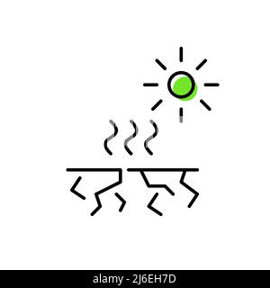 Drought natural disaster. Cracked soil and sun sending heatwaves. Pixel perfect, editable stroke line art icon Stock Vector