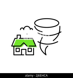 Tornado over a small house. Natural disaster. Pixel perfect, editable stroke line art icon Stock Vector