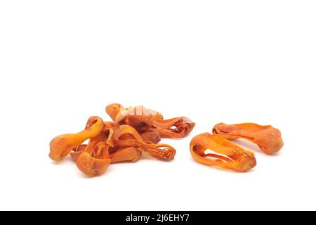 Dried whole mace or nutmeg flowers of Myristica fragrans spice isolated on white background. Stock Photo