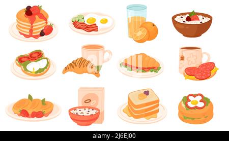 Breakfast, brunch menu set vector illustration. Cartoon cereal toasts and croissants on plate and tea cup, sandwich with sausage, fried egg with bacon isolated on white. Fast food, morning concept Stock Vector
