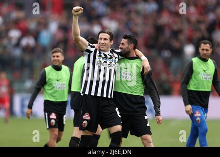 Stadio Giovanni Zini, Cremona, Italy, April 30, 2022, Federico Baschirotto (Ascoli Calcio 1898) celebrates after scoring his side's first goal of the Stock Photo