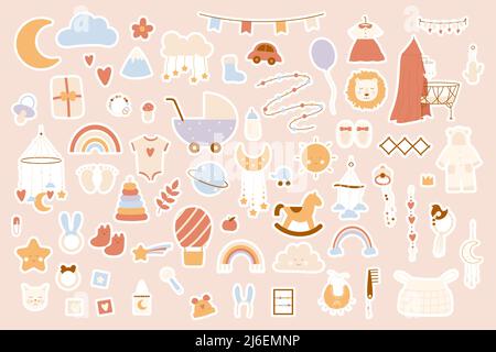 Boho baby clipart set for newborn girls and boys. Cartoon nursery bohemian simple collection with animal toys decor for cute bedroom, cradle and clothes isolated on white. Kids decoration concept Stock Vector