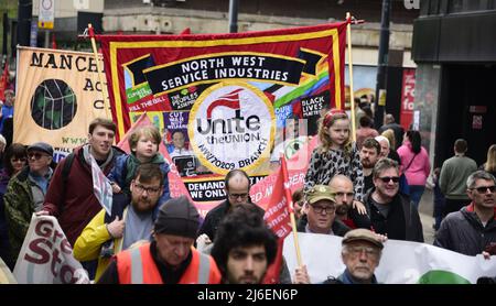 Manchester, UK, 1st May, 2022. People take part in Manchester Trades Union Council's annual celebration of trade unionism and International Workers' Day festival with a march and rally in the birthplace of the TUC in central Manchester, England, United Kingdom, British Isles. Credit: Terry Waller/Alamy Live News Stock Photo