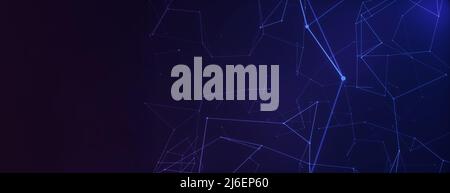 Panoramic abstract background of connecting dots as plexus in blue and purple, concept for tech and bid data. Stock Photo