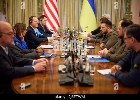 Kyiv, Ukraine. 01st May, 2022. Ukrainian President Volodymyr Zelenskyy meets with Nancy Pelosi, Speaker of the U.S. House of Representatives, during her visit to the Ukrainian capital of Kyiv, Ukraine, on May 1, 2022. Photo via Ukrainian Presidential Press Office/UPI Credit: UPI/Alamy Live News Stock Photo