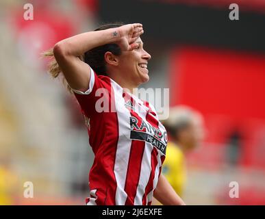Rotherham, UK. 1st May, 2022. Courtney Sweetman-Kirk of Sheffield Utd celebrates scoring their second goal during the The FA Women's Championship match at the New York Stadium, Rotherham. Picture credit should read: Simon Bellis/Sportimage Credit: Sportimage/Alamy Live News