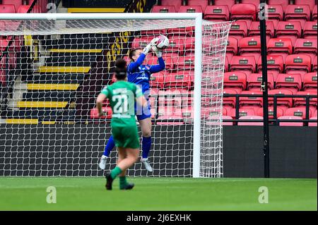 London, UK. 01st May, 2022. Goalkeeper Lucy Thomas (23 Coventry United) saves during the FA Championship football match between Watford and Coventry at Vicarage Road Stadium in Watford, England. Kevin Hodgson /SPP Credit: SPP Sport Press Photo. /Alamy Live News Stock Photo