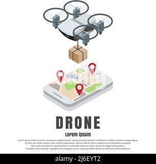Smartphone controlled drone with parcel vector isometric illustration. Fast modern delivery by quadcopter concept design element with copy space for Stock Vector