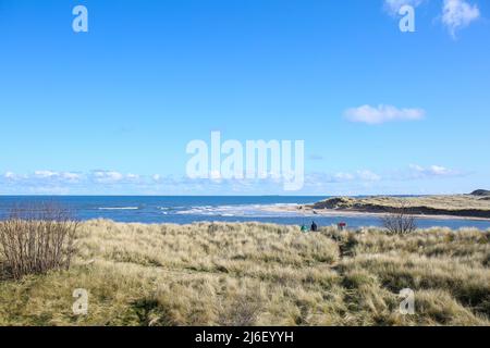 Family walking on Alnmouth Beach, Northumberland  Spring 2022 Stock Photo