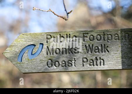 Wooden Signpost on River Coquet in Warkworth, Northumberland Stock Photo