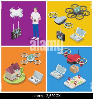 Vector isometric drone poster banner template set Stock Vector
