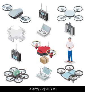 Drone quadcopter or unmanned aerial vehicle icon set. Vector flat isometric illustration isolated on white background Stock Vector