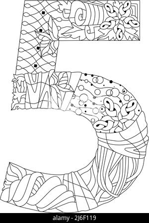 Five number Isolated zentangle illustration for coloring Stock Vector