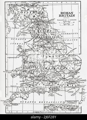 Map of Roman Britain showing the area of the island of Great Britain that was ruled by the Roman Empire, 43 - 410 AD. Stock Photo