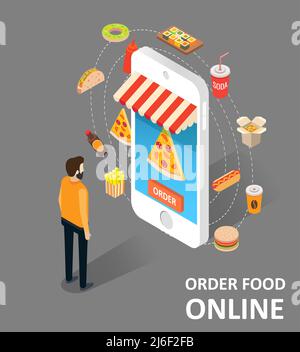 Order food online vector isometric illustration Stock Vector