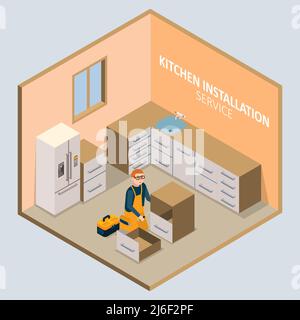 Kitchen installation vector isometric concept Stock Vector