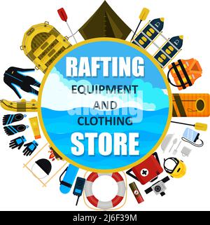Vector rafting equipment and clothing store emblem Stock Vector