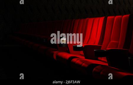 Rows of red velvet seats watching movies in the cinema with copy space banner background. Entertainment and Theater concept. 3D illustration rendering Stock Photo