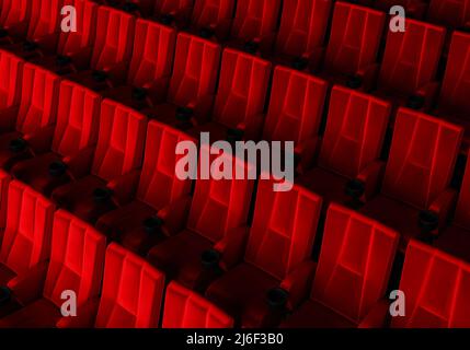 Rows of red velvet seats watching movies in the cinema with copy space banner background. Entertainment and Theater concept. 3D illustration rendering Stock Photo