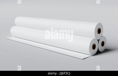 Three paper rolls on gray background. Object and industry concept. 3D illustration rendering Stock Photo