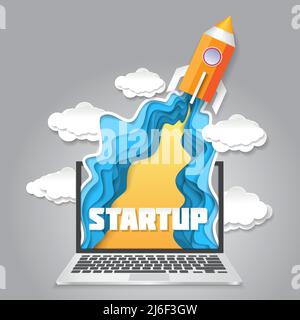 Vector paper art startup new business launch Stock Vector