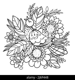 Beautiful drawing of a bird, flowers and leaves. Vector Stock Vector