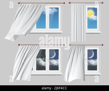 Windows with white curtains vector illustration Stock Vector