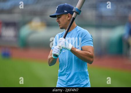 April 30 2022: Kansas City shortstop Nicky Lopez (8) before the game with New York Yankees and Kansas City Royals held at Kauffman Stadium in Kansas City Mo. David Seelig/Cal Sport Medi Stock Photo