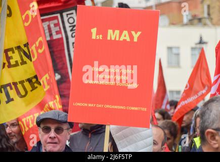 London, UK. 1st May 2022. May Day protesters in Clerkenwell. Various unions and groups marched through central London in solidarity with workers, and for trade union rights and human rights. Credit: Vuk Valcic/Alamy Live News Stock Photo