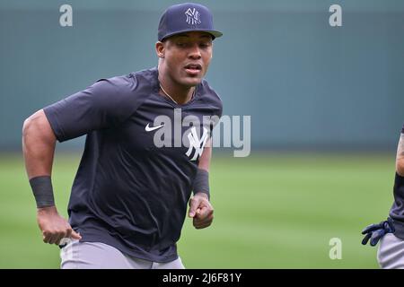 New York Yankees' Miguel Andujar (41) congratulates Gio Urshela on his solo  home run off Minnesota Twins pitcher J.A. Happ (33) during the fourth  inning of a baseball game Thursday, June 10