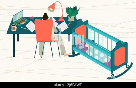 A woman works at home and cradles a child. Working mother takes care of a child Stock Vector