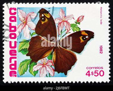 CAPE VERDE - CIRCA 1982: a stamp printed in the Cape Verde shows Common Evening Brown, Melanitis Leda, Butterfly, circa 1982 Stock Photo