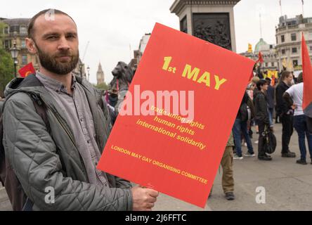 London UK 01 May 2022. Celebrating International Workers Day, Trade Union members and protesters march to central London finishing with a Rally in Trafalgar Square. Organised by London Trade Union Councils Credit: glosszoom/Alamy Live News Stock Photo