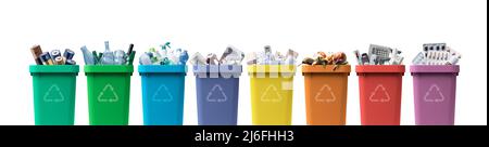 Collection of waste bins full of different types of garbage, recycling and separate waste collection concept Stock Photo