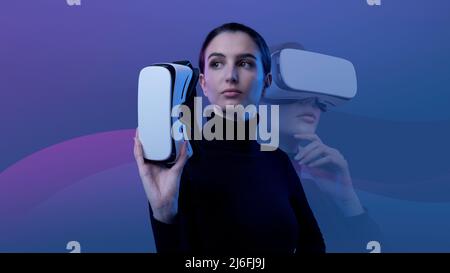 Young woman holding a VR headset and accessing virtual reality, abstract waves in the background, metaverse and immersive virtual reality concept Stock Photo