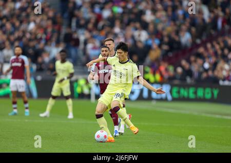 London, UK. May 1st 2022: London Stadium, London, England; Premier League football West Ham versus Arsenal; Takehiro Tomiyasu of Arsenal Credit: Action Plus Sports Images/Alamy Live News Stock Photo