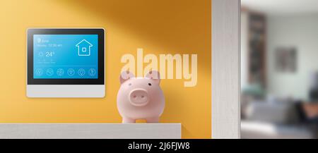 Smart home digital display on a wall: smart home and energy saving technology concept Stock Photo
