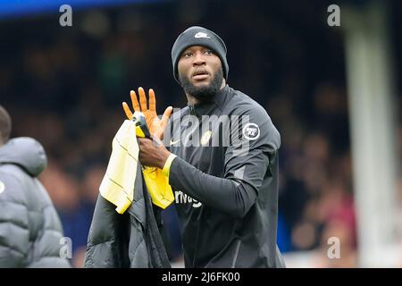 Romelu Lukaku #9 of Chelsea applauds the fans as he makes his way to the bench Stock Photo