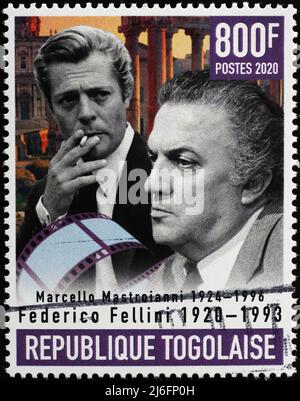 Federico Fellini and Marcello Mastroianni on postage stamp Stock Photo